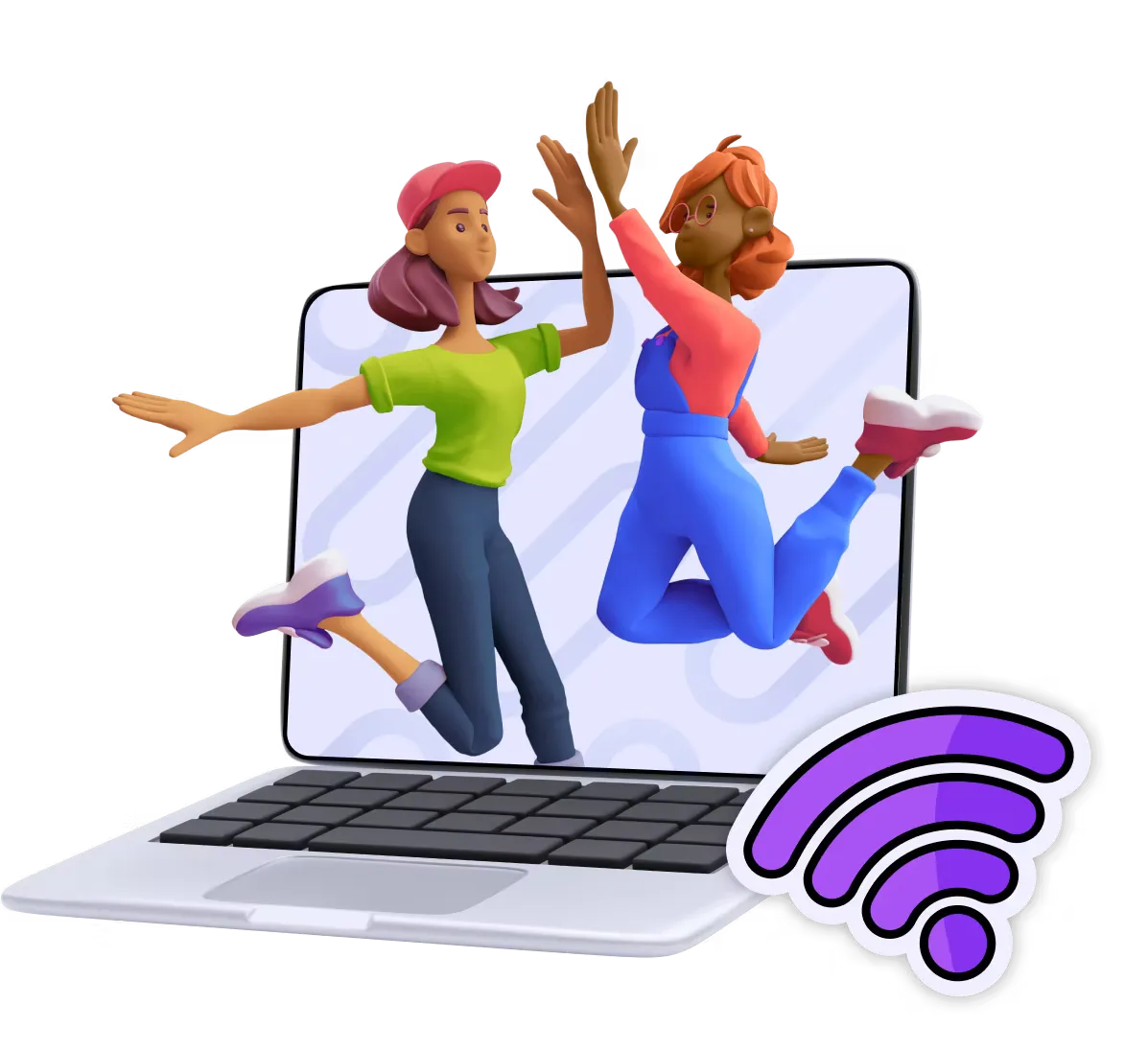 People high-fiving over a laptop celebrating affordable internet